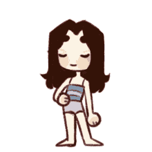 a cartoon drawing of a girl in a striped top and shorts