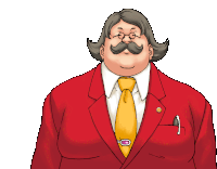 a man with glasses and a mustache wears a red suit and a yellow tie