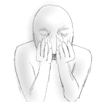 a black and white drawing of a person covering their face