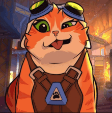 a cat wearing goggles and a harness with a paw print on it sticking its tongue out