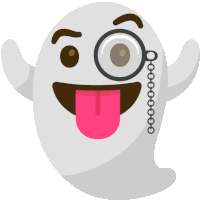 a cartoon ghost with a magnifying glass and chains around its neck