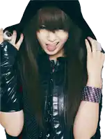 a woman sticking her tongue out and wearing a black jacket