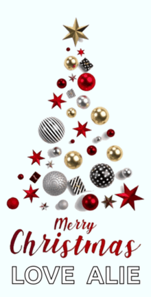 a merry christmas love alie greeting card with a christmas tree made of ornaments