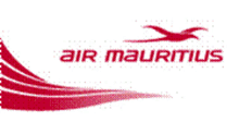 a red and white logo for air mauritius with a bird on it .