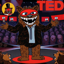 a cartoon of a monster standing in front of a ted talk