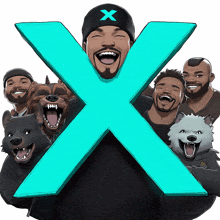 a cartoon of a man holding a blue x surrounded by animals