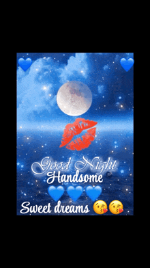 a good night handsome sweet dreams greeting with a kiss on the moon