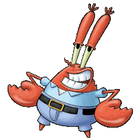 a cartoon crab wearing a blue shirt and a black belt