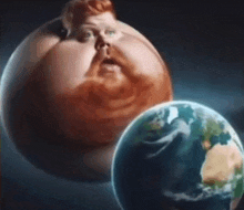 a cartoon of a fat man with a beard standing next to a globe .