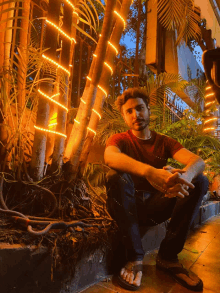 a man in a red shirt sits in front of a tree