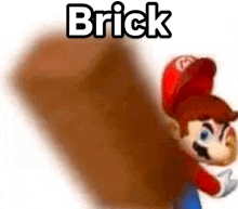 a blurred image of mario holding a brick in his hand .