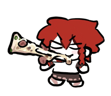 a cartoon drawing of a person eating a pizza