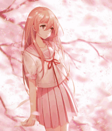 a girl in a pink school uniform is surrounded by pink flowers