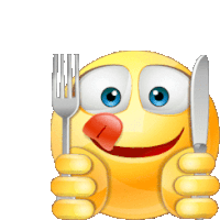 a smiley face is holding a fork and knife with his tongue out