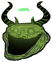 a troll face with glowing eyes and horns on a white background