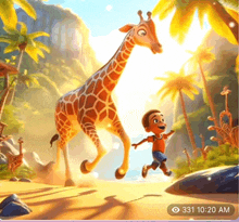 a cartoon of a giraffe and a boy with the time 331 10:20 am