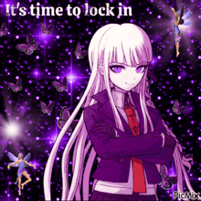 a picture of a girl with purple hair and the words " it 's time to lock in " behind her