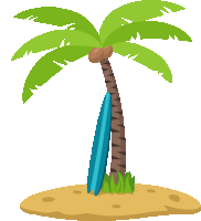 a cartoon drawing of a palm tree and a surfboard