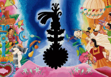 a colorful painting with a black silhouette of a flower in the middle