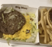 a big mac hamburger and french fries in a box on a table .