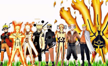 a group of naruto characters are standing next to each other in a field .