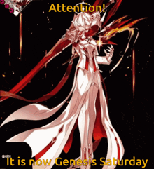 a cartoon character with the words attention it is now genesis saturday on it