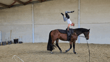 a woman doing a handstand on a horse