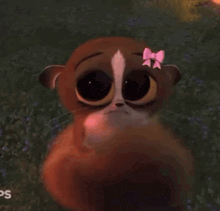 a cartoon squirrel with a pink bow on its head is standing in a field of flowers .
