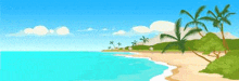 a cartoon illustration of a tropical beach with palm trees and mountains in the background