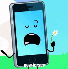 a cartoon drawing of a cell phone holding a flower with new jersey written on the bottom