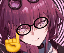 a purple haired anime girl with glasses and a yellow hand giving a peace sign