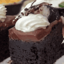 a close up of a brownie with whipped cream on top .