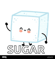 a cartoon illustration of a sugar cube with arms and legs and the word sugar underneath it .