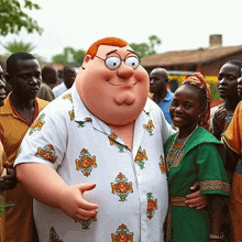 a group of people are posing for a picture with a cartoon character