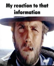 a man with a beard is smoking a cigarette and says " my reaction to that information " on the bottom
