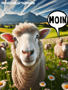 a sheep standing in a field with a speech bubble that says moin