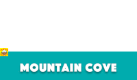 a blue and white banner with the words mountain cove on it