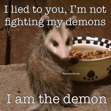 an opossum standing next to a bowl of food with the caption i lied to you