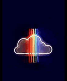 a neon sign of a cloud with a rainbow coming out of it on a dark blue background .