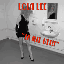 a woman in a black dress is standing in front of a sink with the words " ik wil uit " on the bottom