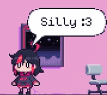 a pixel art of a girl with a speech bubble that says " silly "