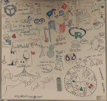 a white board has a lot of drawings on it including one that says " boom "