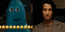 a picture of a cartoon character next to a picture of a man with smiley faces on his face