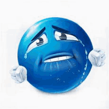 a blue smiley face with a crying face and hands is crying .