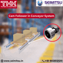 an advertisement for cam follower in conveyor system by seimitsu