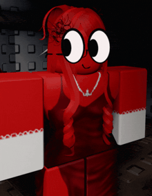 a red cartoon character wearing glasses and a red dress