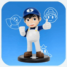 a cartoon character wearing a blue hat with the letter s on it is giving a thumbs up