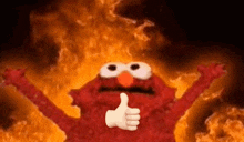 elmo is giving a thumbs up in front of a fire .