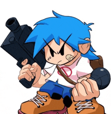 a cartoon boy with blue hair is holding a gun and a microphone .