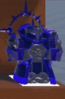 a purple robot is standing on top of a table .